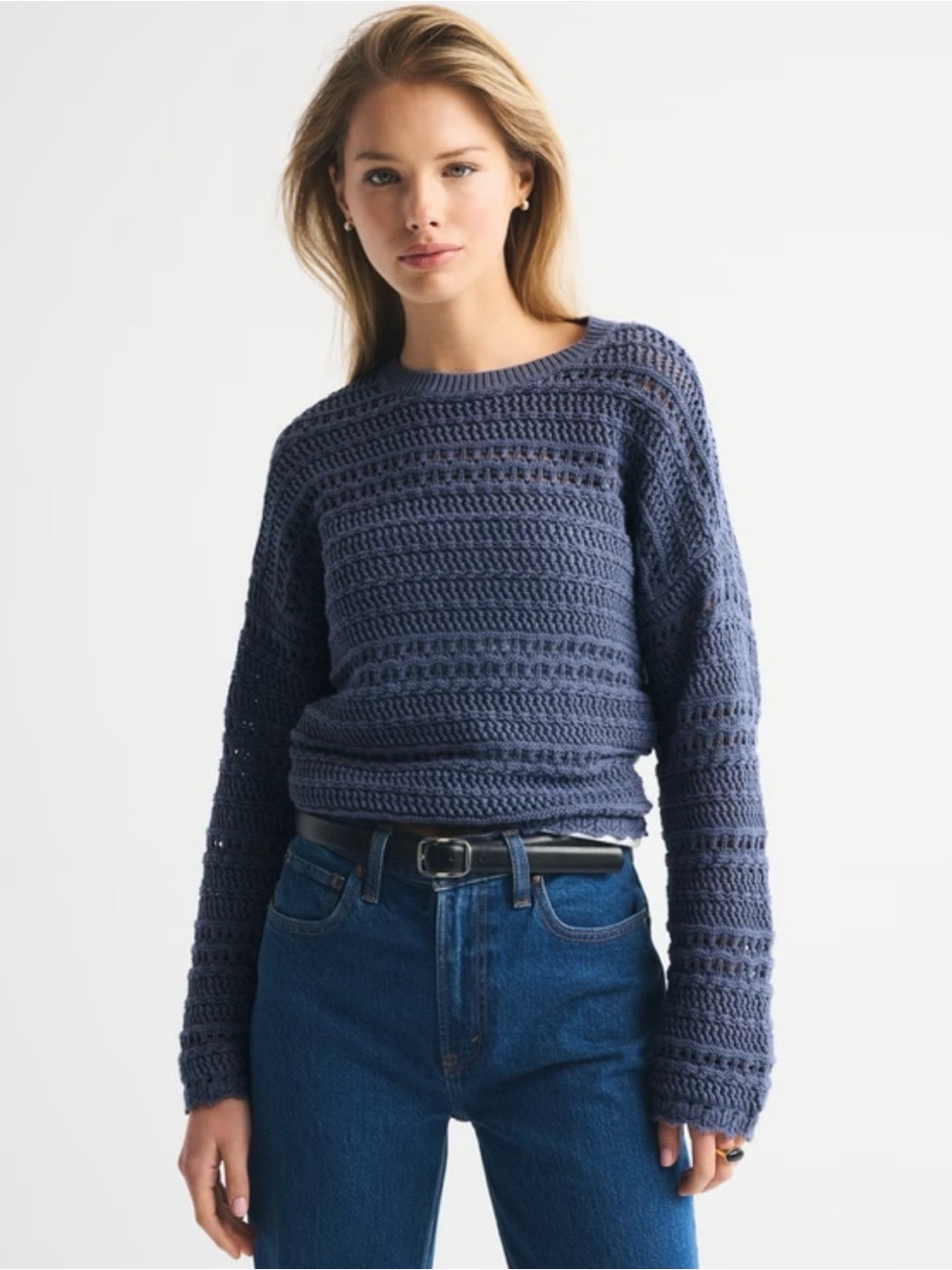 Abercrombie & Fitch Open-Knit Crewneck Sweater in Slate Blue